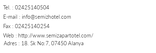 Semiz Apart Hotel telefon numaralar, faks, e-mail, posta adresi ve iletiim bilgileri